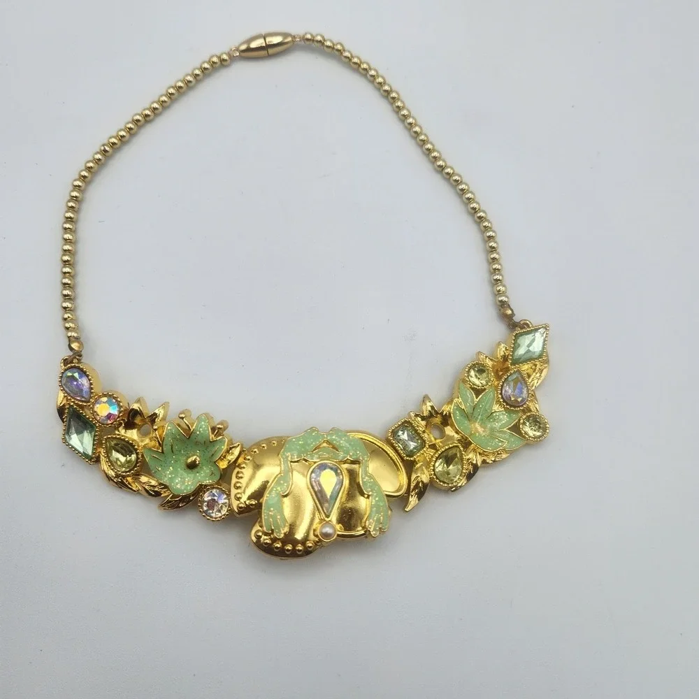 Disney Store Princess Tiana Gold Tone Green Enamel Rhinestone Statement Necklace